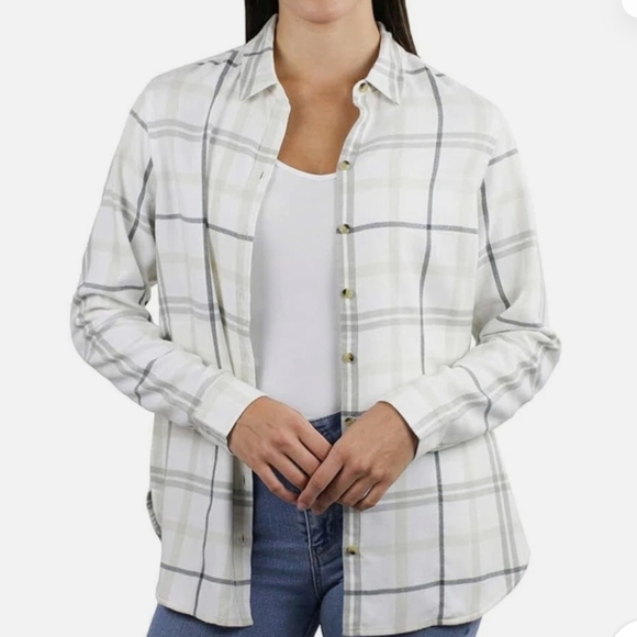 Jachs Girlfriebd Women's White Plaid Button-Up Shirt. Preppy. Outdoor. Layers - Picture 1 of 16